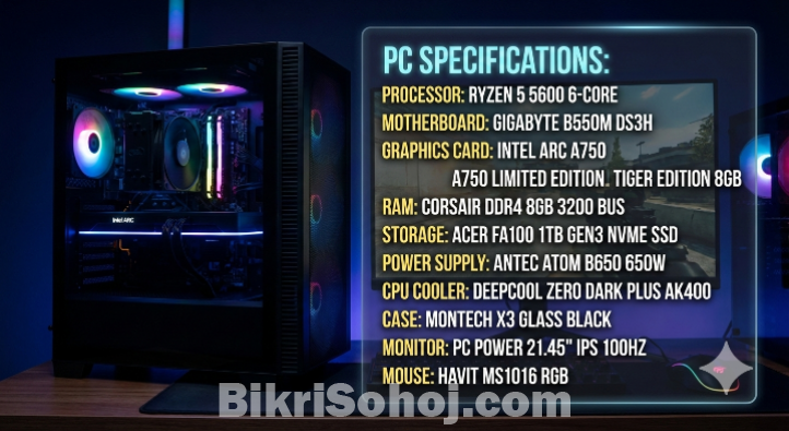 গেমিং কম্পিউটার ফুল সেটআপ মনিটর সহ